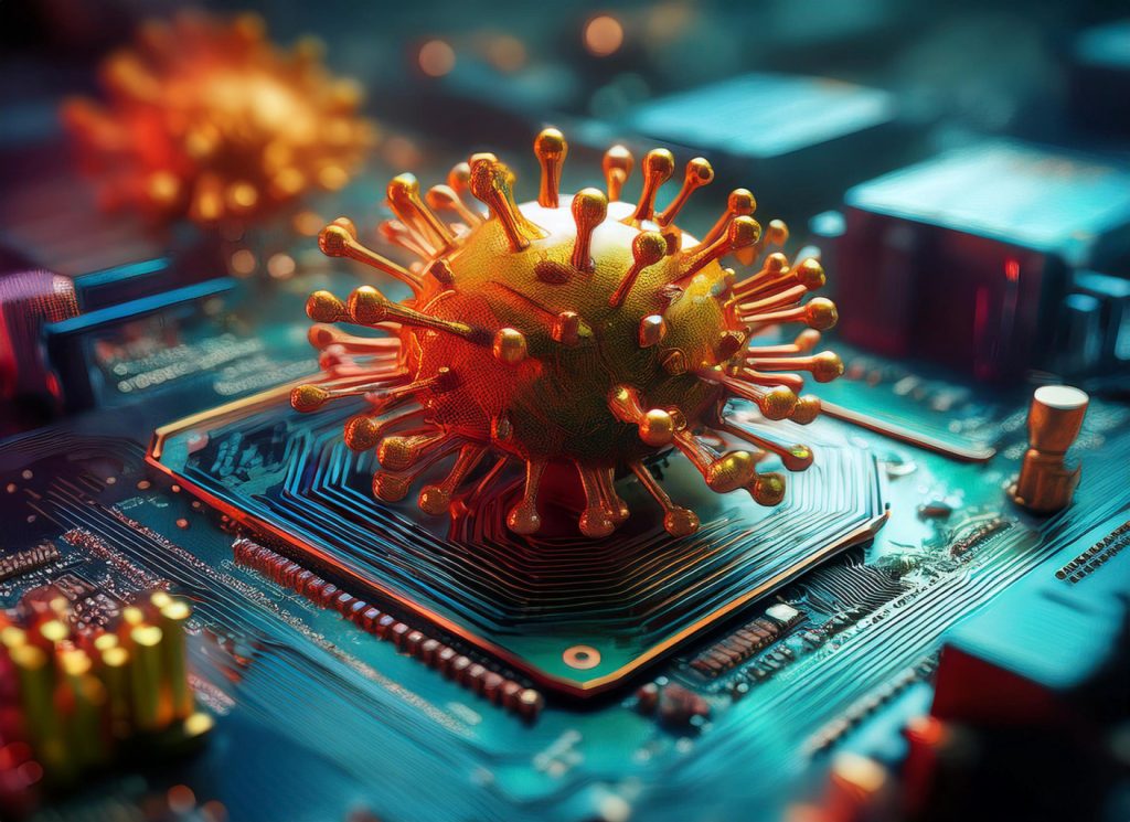 Coronavirus crawling on a computer motherboard macro photography selective focus the concept of i